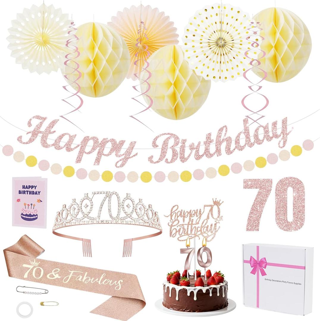 70th Birthday Decorations Set for Women - Queen Crown, Sash, Card, Cake Topper & Candles, Rose Gold Happy Banner with Paper Honeycomb, Poms Fan, Streamers, Gift Kit70 & Fabulous Birthday Celebration