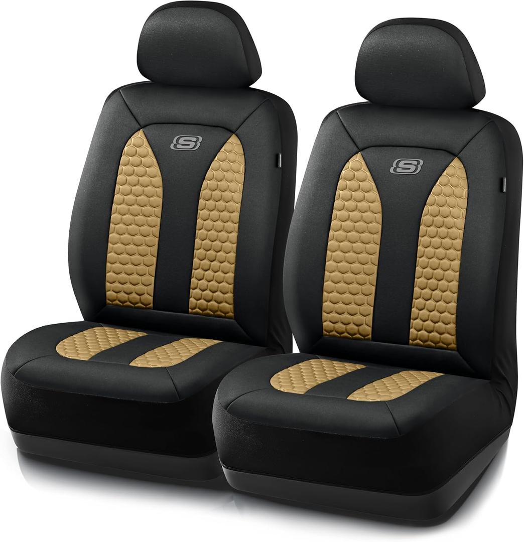 Skechers Memory Foam Car Seat Covers, Hexcomb Breathable Thick Seat Covers Two Front Seat Covers, Airbag Compatible, Automotive Comfort & Protection for Most Cars,Van,Trucks, SUVs (Beige,Two Front) (Black and Beige)