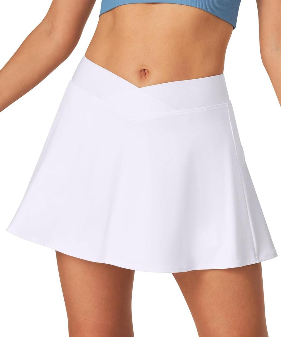 IUGA Athletic Skorts for Women Tennis Skirt with Pockets Cross Waist Athletic Skirt for Golf Pickleball (White, L)