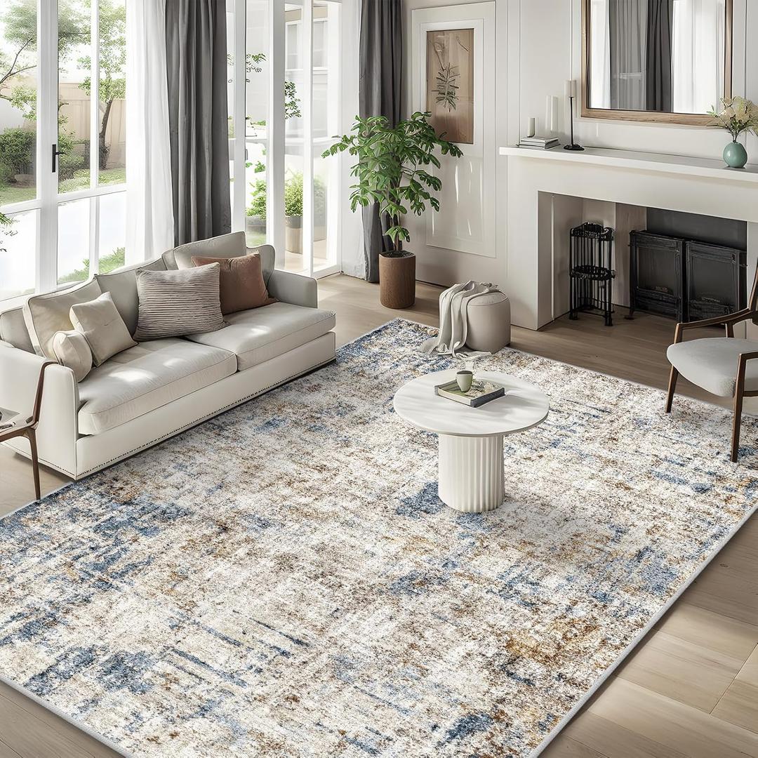 10x14 Large Rug Living Room  Washable Neutral Modern Abstract Rug for Bedroom Dining Room Home Office  Soft Thin Low Pile Non-Slip Big Carpet (Blue Brown)