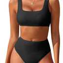 ANRABESS Women Swimsuits Two Piece Bikini Set High Waisted Ribbed Tummy Control Modest Bathing Suits 2025 Beach Swim Wear (Medium, Black)