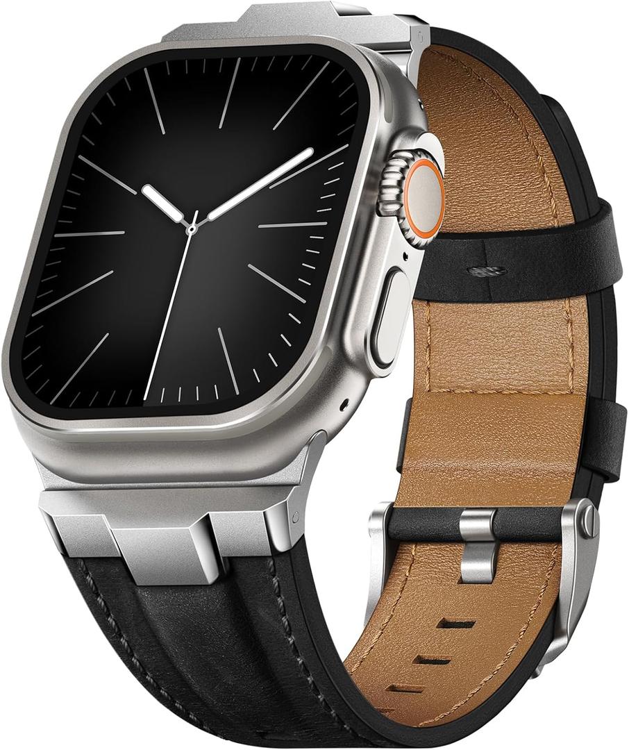Leather bands Compatible With Apple Watch Ultra Band 49mm 46mm 45mm 44mm 42mm, Superior Genuine Leather Rugged Metal Connector Durable Strap for Men iWatch Ultra3 2 1,Series 11 10 9 8 7 6 5 4 3 SE3 SE (Sliver+Black)