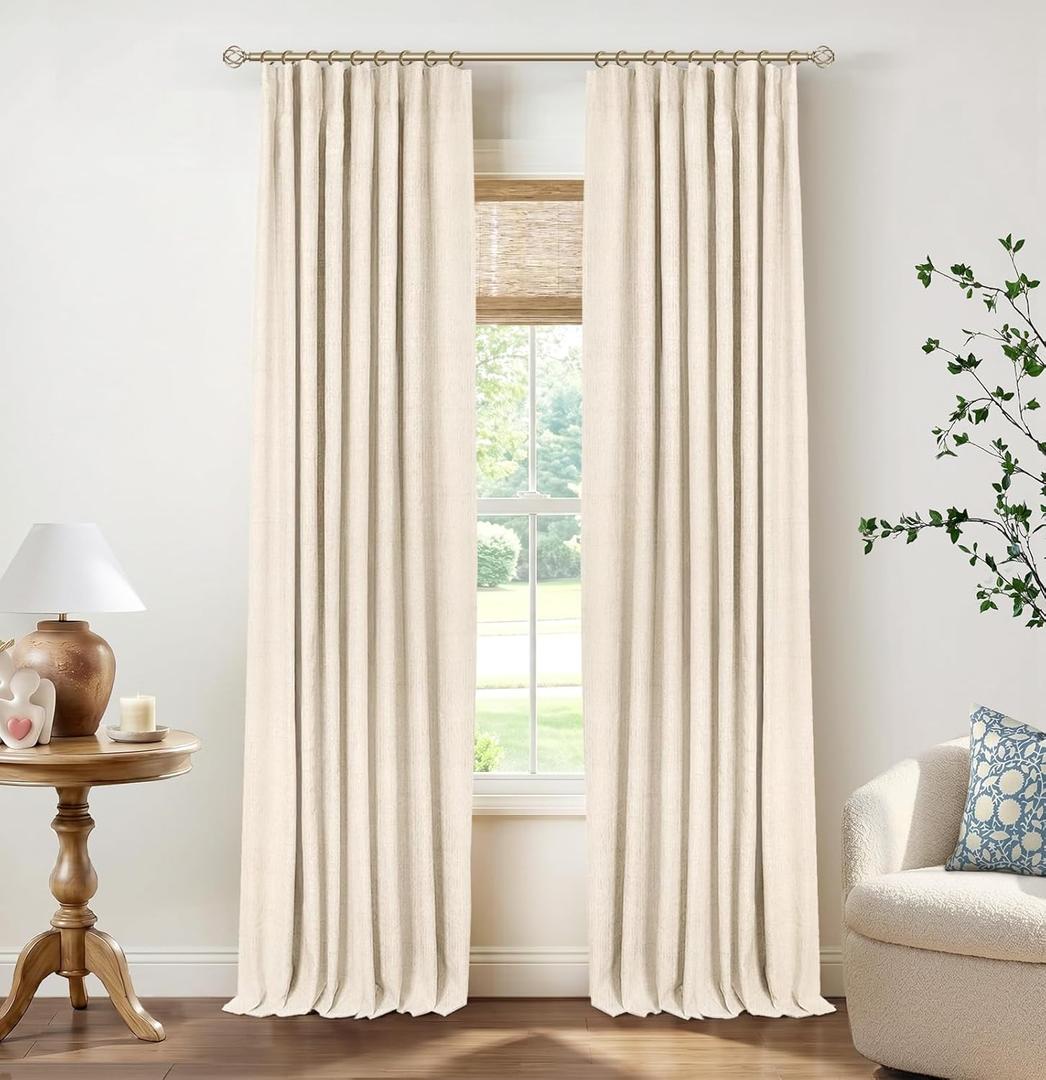 INOVADAY 100% Blackout Curtains for Bedroom, Cream Black Out Curtains 84 Inch Long, Clip Rings Linen Blackout Drapes, Thermal Insulated Room Darkening for Living Room, 2 Panels - W50xL84