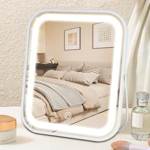 Lighted Makeup Mirror, Rechargeable Vanity Mirror with Lights 10''x8'' Makeup Mirror with Lights,Light up Mirror Touch Screen with 3-Color Lighting,for Women Gift,Travel Essentials (White)