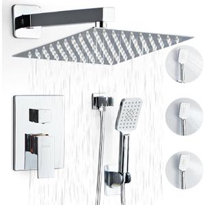 Shower System, Shower Faucet Set Complete Square Rain Shower Combo Set with 8 inch Rainfall Shower Head System Bathroom Wall Mounted 3-Setting Handheld Shower,Chrome
