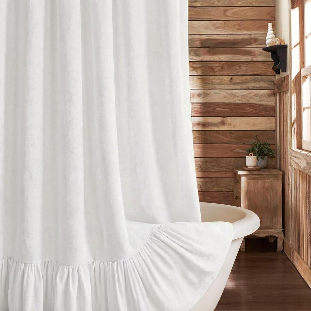 Farmhouse Shower Curtain Ruffle Linen White 54" W x 72" L | Farmhouse Boho, Bottom Ruffle, Cotton Fabric, Rustic, Country, Natural Look, Washable, Shower Curtain for Bathroom Bathtub