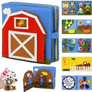 Montessori Busy Book , Felt Quiet Book for Baby, Preschool Early Learning Educational Toys for Kids Age 3 4 5 6 Years, Develops Fine Motor Skills, Toddlers Activities Toy for Airplane Car Travel (Blue-farm)