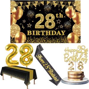 28th Birthday Decorations Men Women with 28th Birthday Banner, Black and Gold Table Cloth, Number Balloons, Large Sash, Cake Topper and Candles