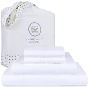Threadmill Luxury 100% Cotton King Size Sheets Set- 800 Thread Count Jacquard Celine Hotel White, Better Than Egyptian Cotton,4 Pc Striped Bed Set, Damask Bed Sheets with 16" Deep Pocket
