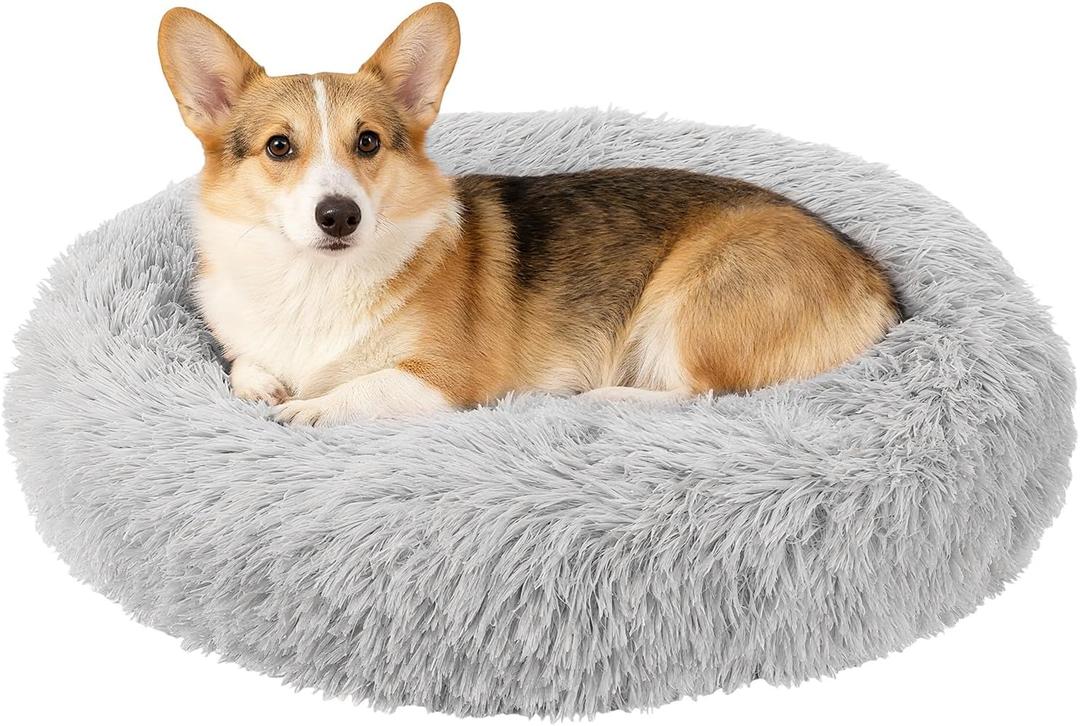 PETAXCELL Cat Dog Bed, Round and Soft Fluffy Donut Plush Pet Bed Anti-Anxiety Pet Cushion 19.6 Inches, (Gray), Intended for Small Medium Animals Dogs/Cats