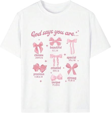 QJQ Girl's Cute Graphic T Shirts Short Sleeve Crewneck Tees Summer Trendy Preppy Tops Clothes Pink Bow 9 Years