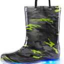K KomForme Kids Rain Boots, Waterproof Light up Boots with Easyon Handles, Size 1, Camouflage