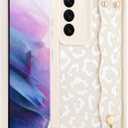 MOWIME Compatible with Samsung Galaxy S21 Case with Wrist Strap, Cheetah Print Shockproof Soft TPU Protective for Women Girls, Slim Anti Scratch Case for Galaxy S21 6.2 Inch, White