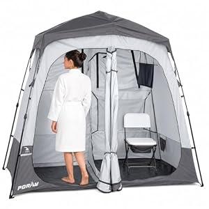 Porayhut Portable Camping Shower Tent Deluxe Changing Room Easy Set Up Privacy Shelter, Large Toilet Tent 2 Rooms with Floor Drain Design for Beach, Camping, Hiking with Stakes and Ropes for Stability