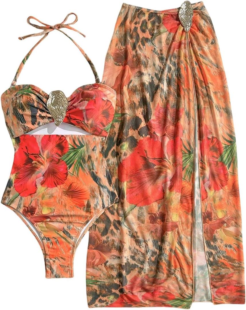 WDIRARA Women's 2 Piece Floral Bikini Sets Cut Out Halter One Piece Swimsuit with Beach Skirt Orange X-Large