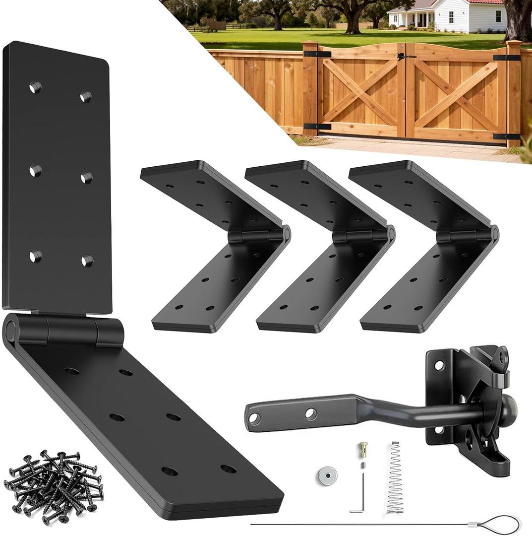 Heavy Duty Gate Hinges,270 Solid Double Layer Folding Butt Hinges,Self Locking Gate Latch for Wooden Fence,Heavy Plywood, Backyard Wood Gates and Fencegate Hinge&Gate Latch
