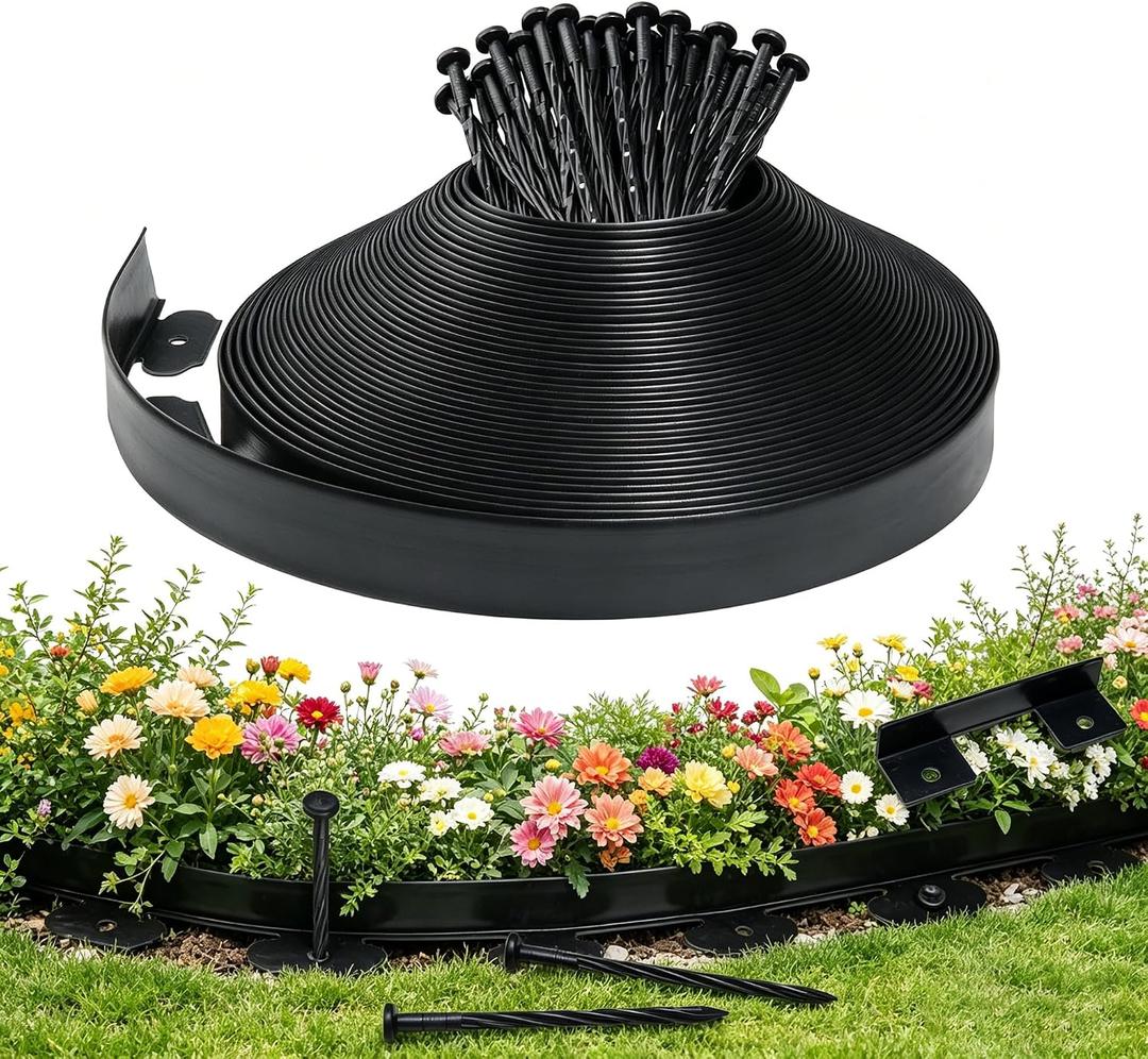 Landscape Edging Garden Border 100ft x 2in, 180 Stakes, Black