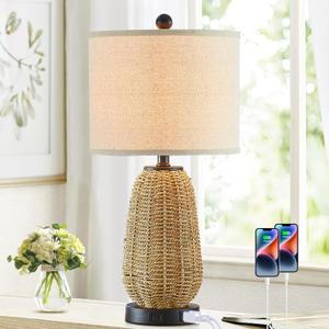 CINSARY Touch Control Rattan Table Lamp, 3 Way Dimmable Bedside Lamp for Bedroom with 2 USB Ports and AC Outlet, Nightstand Lamps for Living Room(LED Bulbs Included), Grass-1PK