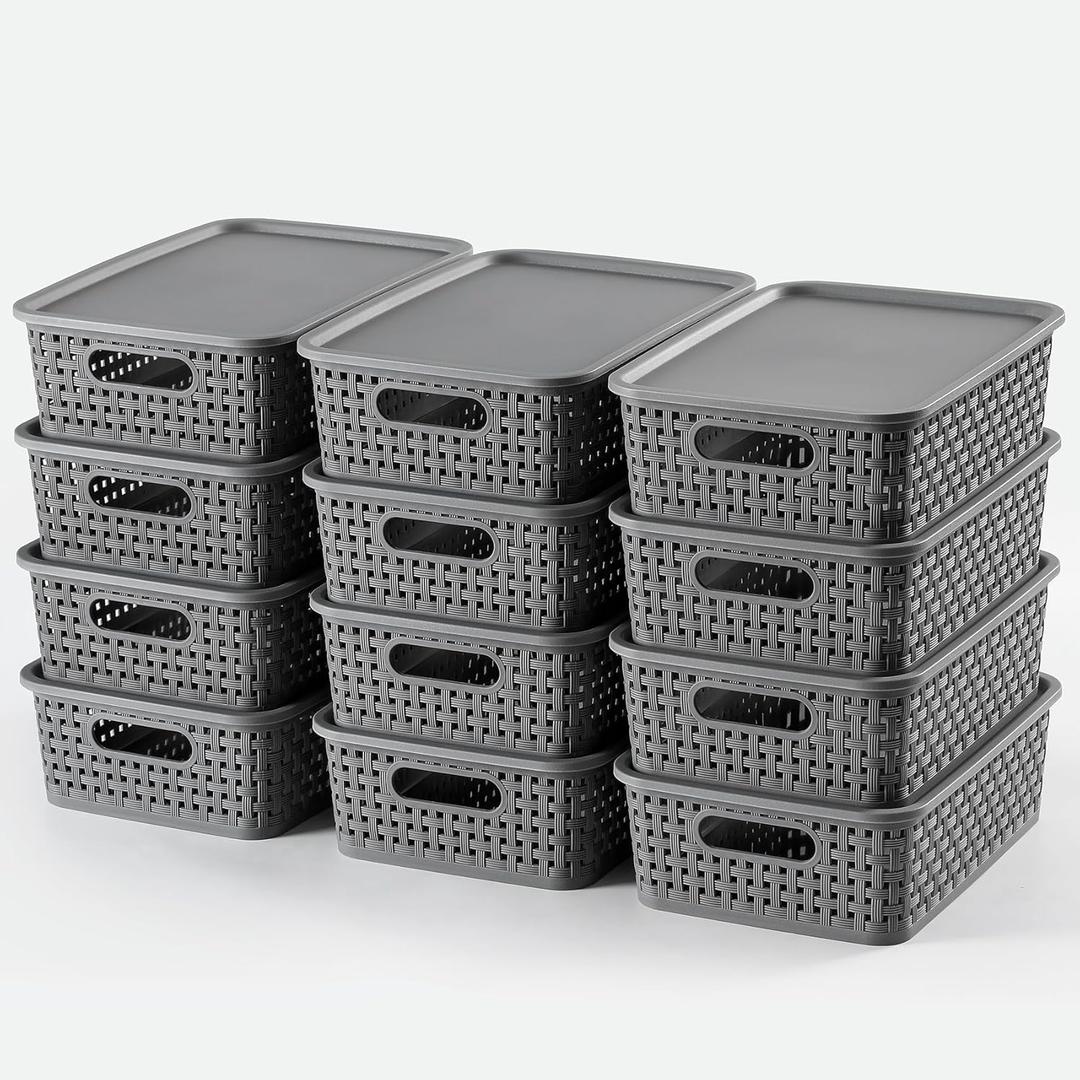 NETANY [ 12 Pack ] Plastic Storage Baskets With Lids, Small Pantry Organization, Stackable Storage Bins, Household Organizers for Cabinets, Countertop, Drawers, Under Sink or On Shelves,Gray