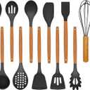 Kitchen Utensils Set - 12 Pcs Silicone Cooking Utensils Set with Wooden Handle - Heat Resistant Non-Stick BPA Free Spatula Set,Turner, Spoon, Brush, Silicone Kitchen Gadgets Utensil Set (Black)