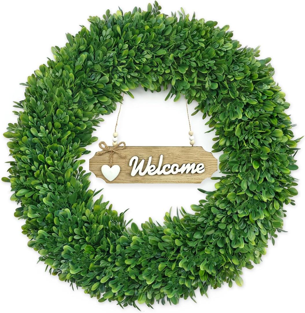 22 Inch Christmas Wreath Boxwood Wreath Realistic with Welcome Sign Faux Green Preserved Boxwood Wreaths Outdoor Spring Fall Winter Wreaths for Front Door Outside for Porch Farmhouse Wall Home Decor