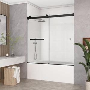 Frameless Double Sliding Tub Shower Door 59-60" W x60 H, 5/16" (8mm) Thick Easy-Clean Tempered Glass, Easy Installation, Safety Tested Glass Tub Doors Matte Black