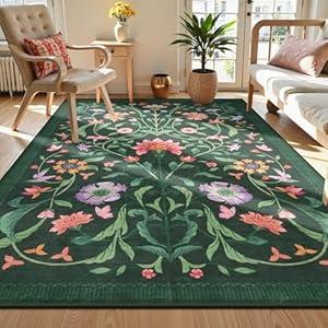 LIVEBOX Living Room Rugs, Boho Floral 5x7 Area Rug for Bedroom, Soft Non-Slip Washable Rugs, Low-Pile Stain Resistant Indoor Carpet for Dining Room Home Office Farmhouse (5x7ft, Green)