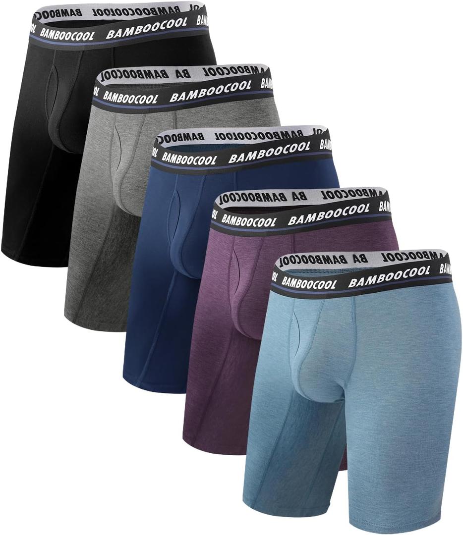 BAMBOO COOL Men's Long Boxer Briefs Performance Long Leg Sports Boxer Brief Underwear MultiPack (06-cyan, Purple, Dark Blue, Dark Grey, Black(5-pack))