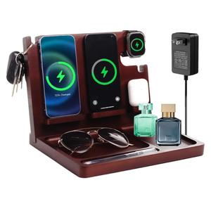 Nightstand Organizer with Dual Phone Wireless Charging Station for 2 iPhone,Apple Watch and Airpods,Bamboo Phone Docking Station,Gifts for Men Dad Husband