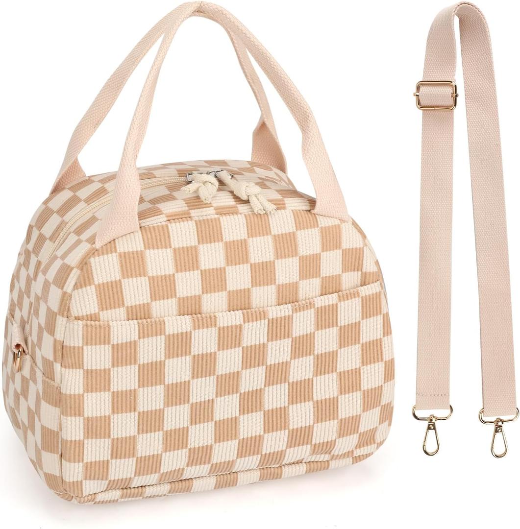 Lunch Bag Women with Shoulder StrapLarge CapacityStrengthen InsulationDurable Waterproof Cute Corduroy Lunch Tote Bag, Reusable Insulated Lunch Box/Cooler for Women/Girl/Men, Brown-Check