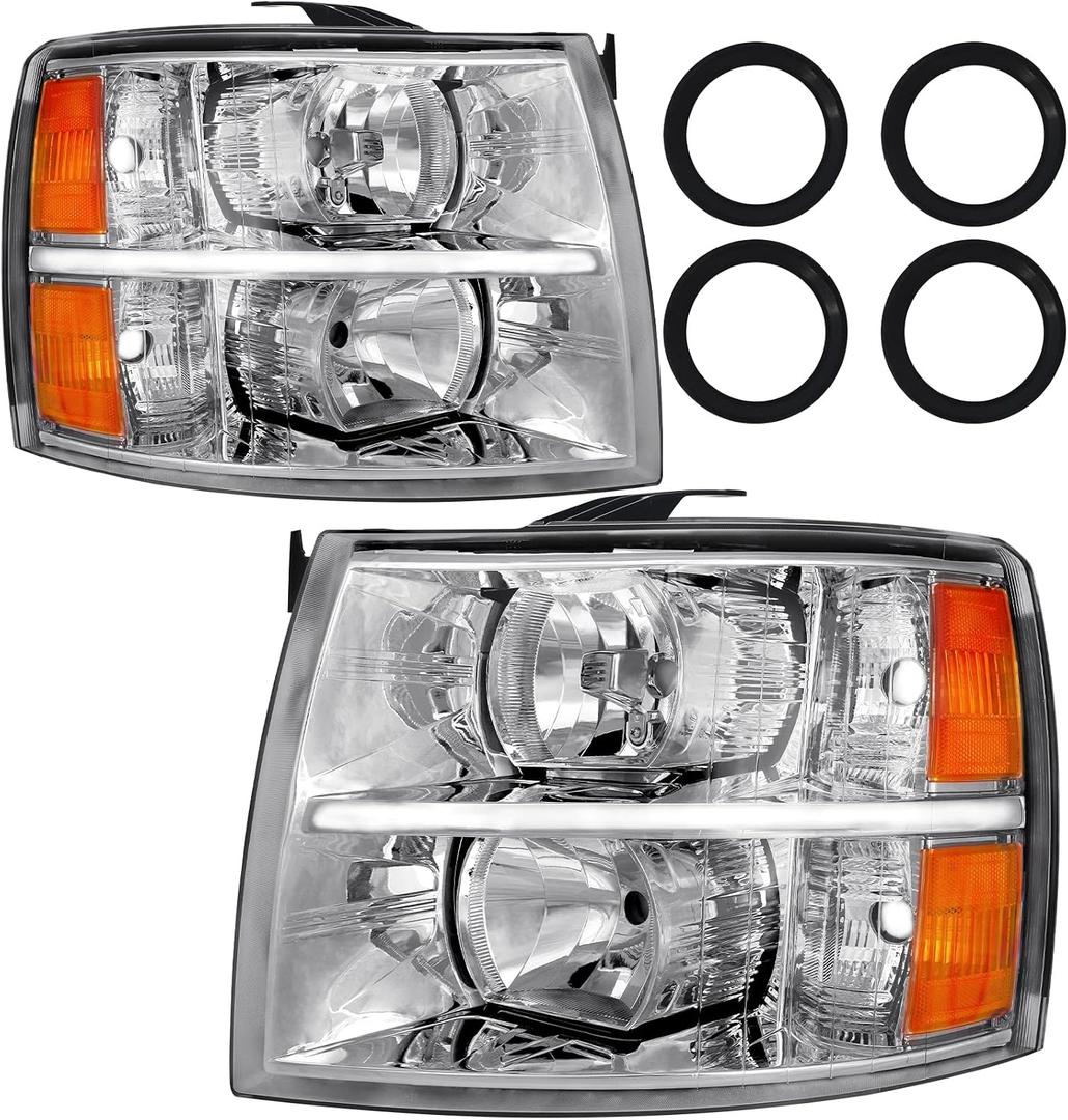 Headlight Fit For 07-13 Silverado 2007 2008 2009 2010 2011 2012 2013 Chevy Silverado 1500 / 2500HD / 3500HD & 2014 Old Body Style Driver And Passenger Side (Chrome Housing Amber Reflector)