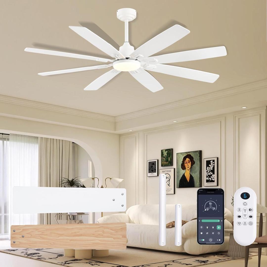 Ceiling Fan with Light and Remote/APP Control, 62 inch Large Low Profile Ceiling Fans for Living Room Patio, Quiet DC Reversible Motor, 8 Speed, 3CCT, Dimmable, Dual Finish 8 Blades, White