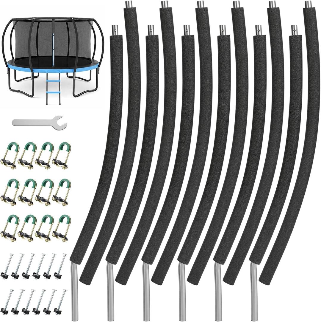 Trampoline Poles Replacement, Fit for 8-16ft Frame, Universal Curved Enclosure Net Pole, Includes Mounting Hardware & Foam Cover, 2 Installation Options
