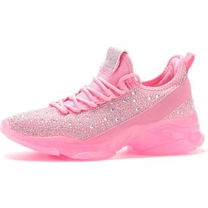 BELOS Women's Rhinestone Mesh Slip On Walking Shoes Fashion Breathable Spakle Glitter Sneaker (8)