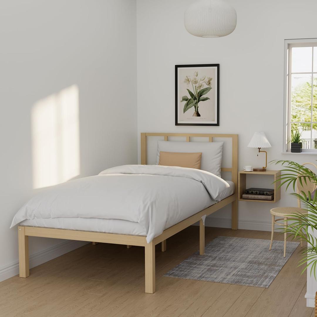 Bamboo Bed Frame Twin Size with Headboard Platform Bedframe Solid Stable with Non-Slip Slats Support Tall Bed No Box Spring Needed Heavy Duty Easy Assembly Noise Free Nature