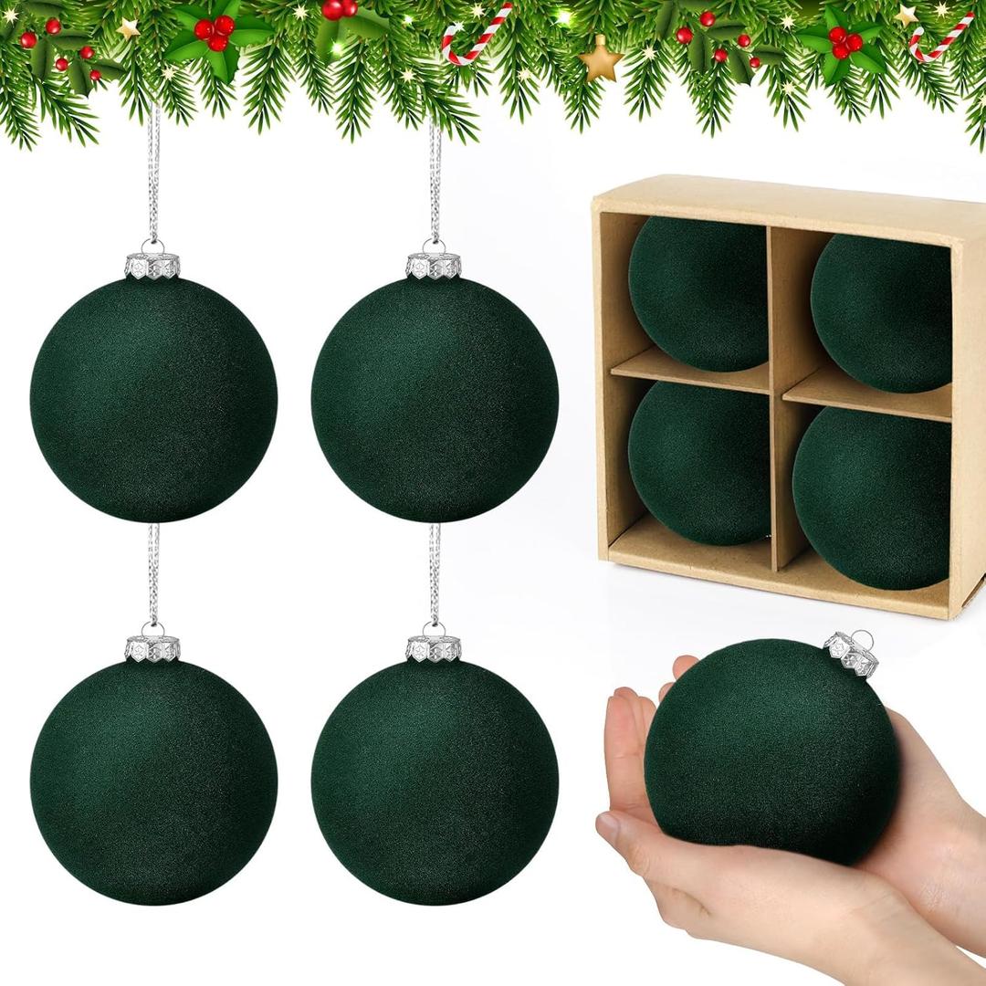 4 PCS Green Velvet Christmas Balls Ornaments Christmas Tree Decorations 3.9 Inch Flocked Christmas Hanging Balls for Xmas Decorative Hanging Ornaments Holiday Party Family Gathering (Dark Green)