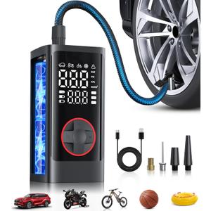 Tire Inflator Portable Air Compressor, 150PSI Cordless Air Pump for Car Tires, Bike Tire Pump with Pressure Gauge, Auto Shut Off, LED Light for Car Motorcycle Bicycle (Dark Black)