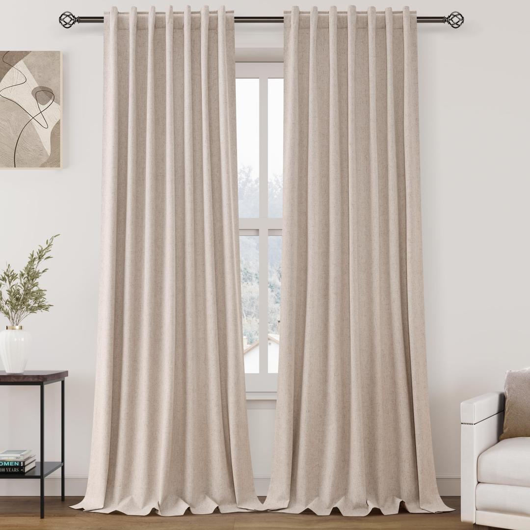 Nanspring Oatmeal 100% Blackout Linen Curtains 84 Inch Length 2 Panels Set for Bedroom Back Tab Neutral Modern Farmhouse Decor Black Out Curtain for Living Room Thermal Insulated Drapes 52x84