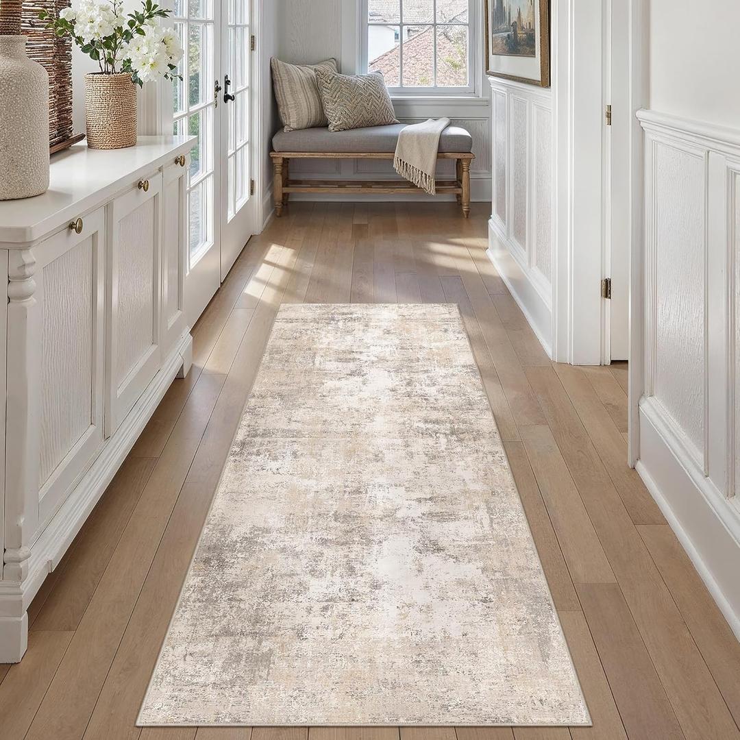 2x6 Washable Runner Rug Beige Grey Abstract Non Slip Soft Low Pile Hallway Kitchen Rug Neutral Modern Carpet for Laundry Bathroom Bedroom Living Room Home Decor
