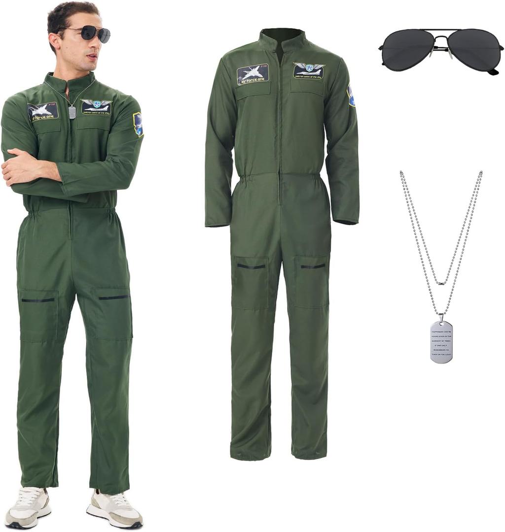 3Pcs Flight Costume Suit Adult Men Force Pilot Costume Green Jumpsuit Glasses Necklace Halloween Cosplay Outfits (2X-Large)