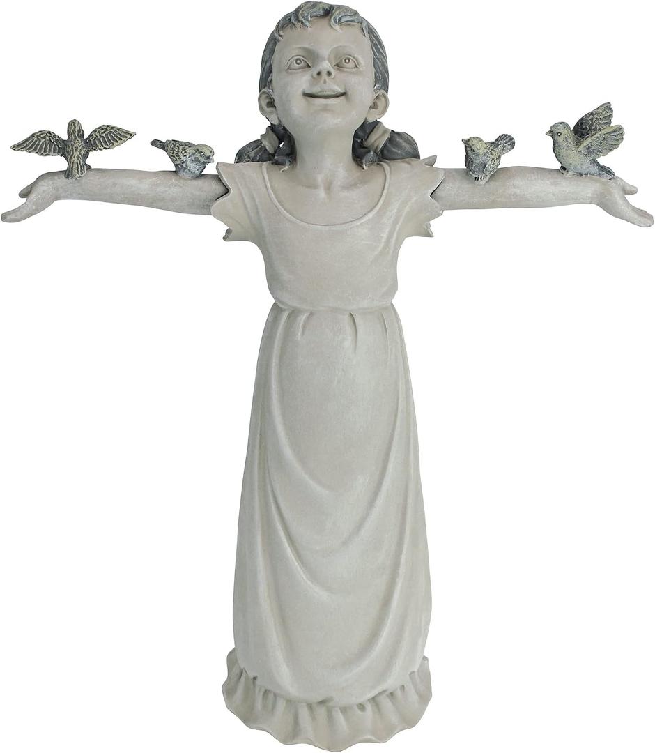 Design Toscano Basking in Glory Little Girl with Birds Outdoor Garden Statue, Medium, 16 inches tall, Cast Stone Resin, Two Tone Stone Finish
