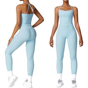 Women 2 Piece Workout Sets (2025 NEW) Yoga Outfit Open Back Tank Top High Waisted Leggings Gym Sets Tracksuits (Medium, Sky Blue)