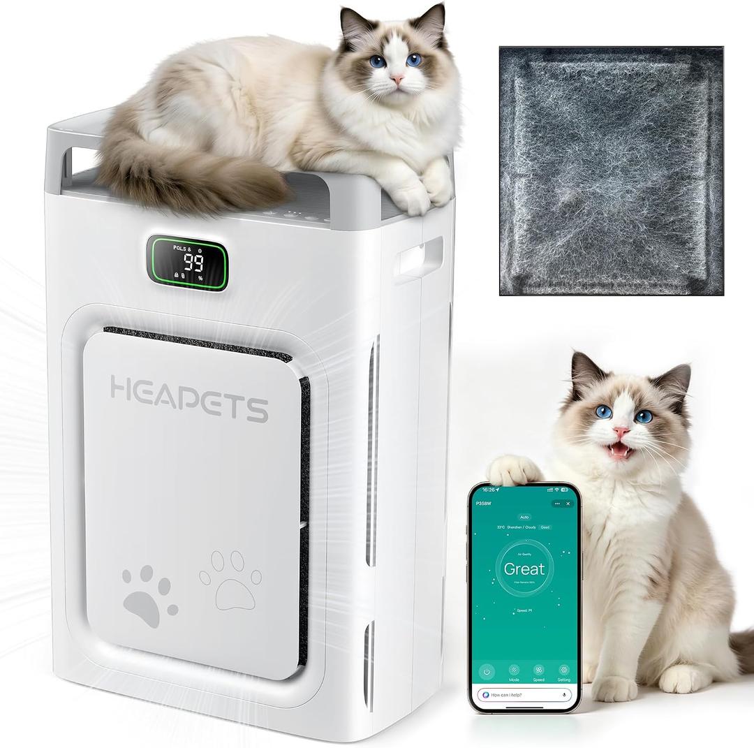 Pet Air Purifier for Home 2500 Sq Ft, H13 HEPA Double-Sided Filter with Washable Pre-filter,APP Control,for Pet Hair Dander Odor Allergies Smoke Dust,PM2.5 Air Quality Monitor,Auto Mode,P358 Cat Perch, White