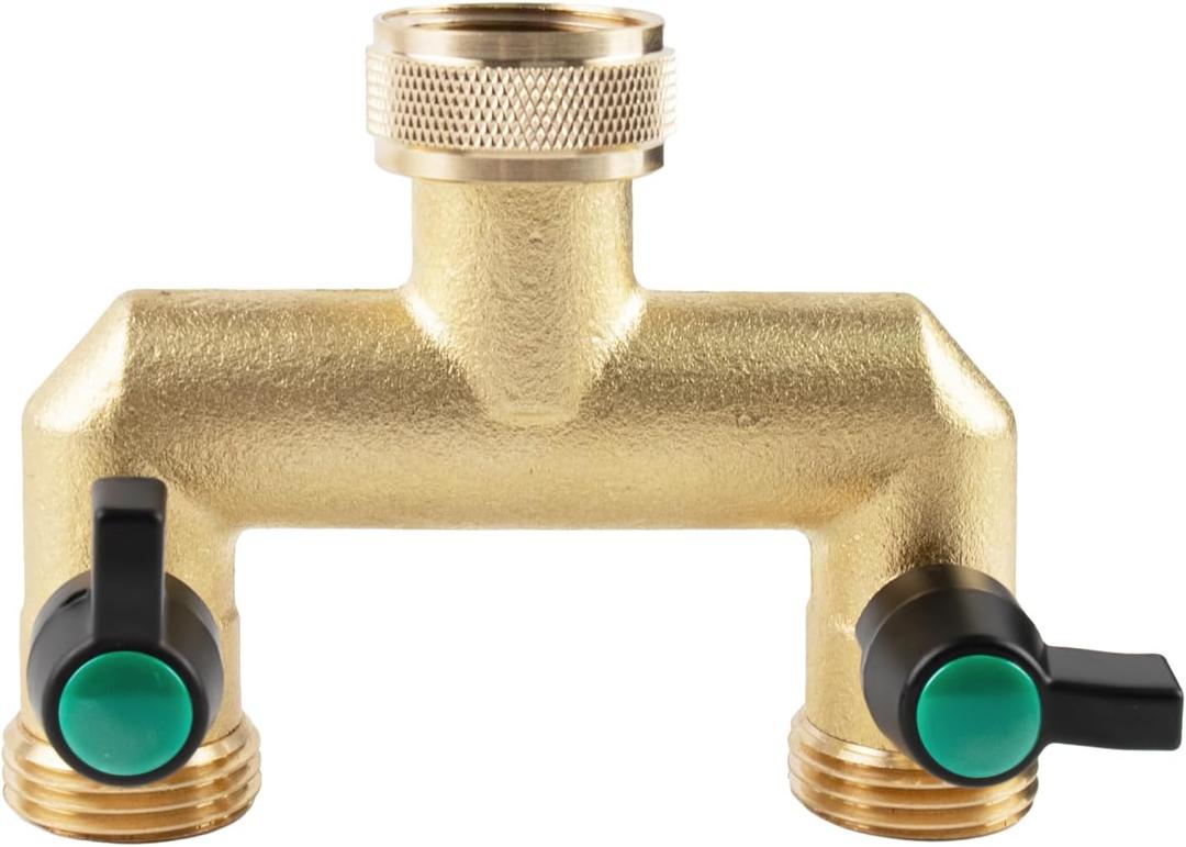 Hose Splitter, 2 Way Heavy Duty Brass Garden Hose Splitter, Outdoor Faucet Splitter, for 3/4" Hose Connector, Hose Spigot Adapter with 2 Individual ON/Off Valves