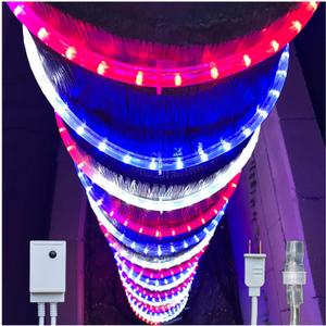 Russell Decor 100ft Red White Blue LED Rope Lights with Patriotic Lights with 4-Level Dimmable Controller Outdoor for Patriotic 4th of July Memorial Day Decor Patio Deck Flexible Lights