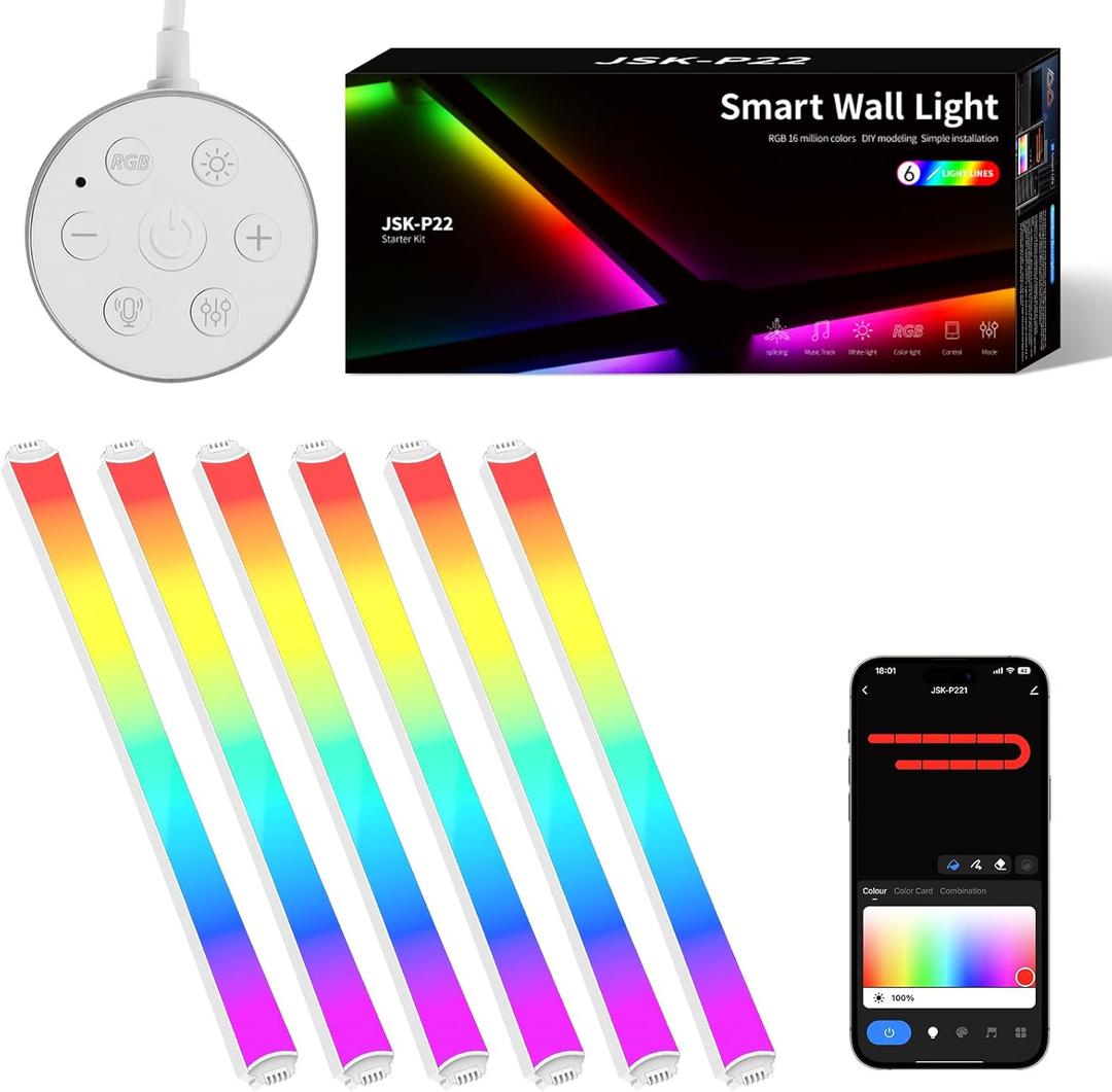Smart LED Wall Lights, Music Sync Voice Control DIY RGB Light Bar with 16M+ Color & 44+ Scenes, Dimmable Home Decor Wi-Fi Wall Light for Gaming Room TV Bedroom (6 Lines)