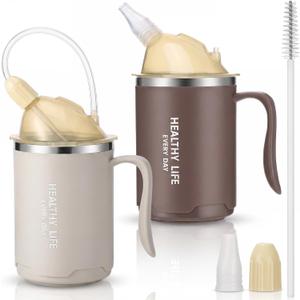 2 Pack Adult Sippy Cups, 14oz Spill Proof Cups with Straw for Elderly, 3 in 1 Stainless Steel Cup with 3 Lids & Handles, No Spill Cup for Seniors, Water Milk Soup (grayish Brown & Beige)