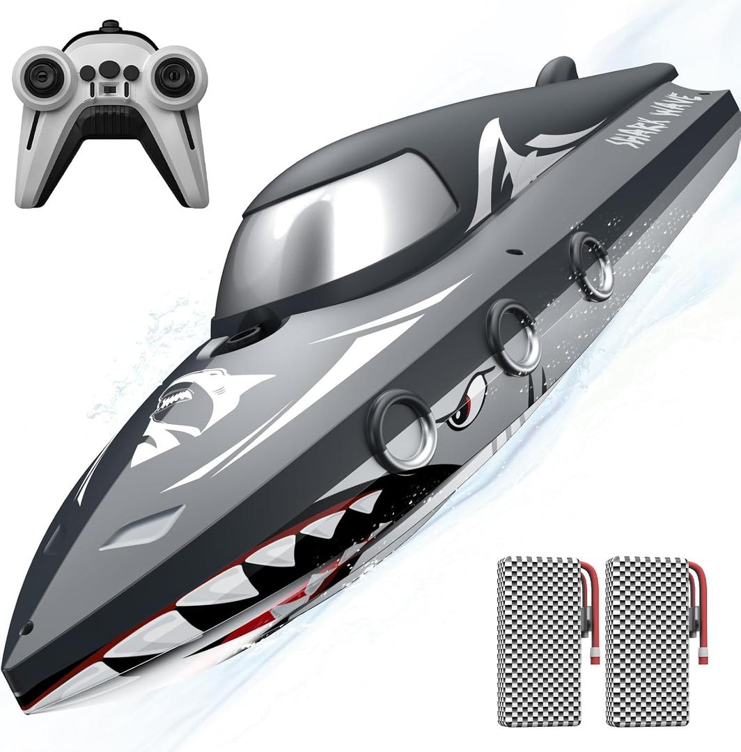 Shark RC Racing Boat for Kids and Adults, 2.4GHz High-Speed, Dual Batteries | 50-Minute Runtime, Waterproof Racing Design, Fast RC Water Toy for Kids Ages 8-12, Ideal for Pools, Lakes, and Outdoor Gifts.