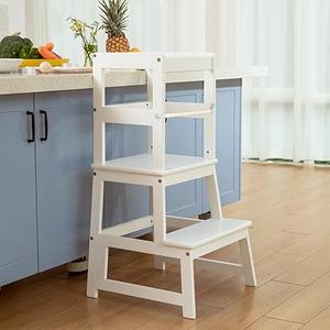 Kitchen Step Stool for Kids with Safety Rail,Solid Wood Construction Toddler Learning Stool, Montessori Toddlers Kitchen Stool Tower(White)