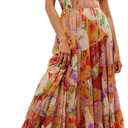 ABYOVRT Women Floral Maxi Dress Short Puff Sleeve V Neck Bohemian Flowy Dress Smocked Casual Spring Summer Dresses (L)